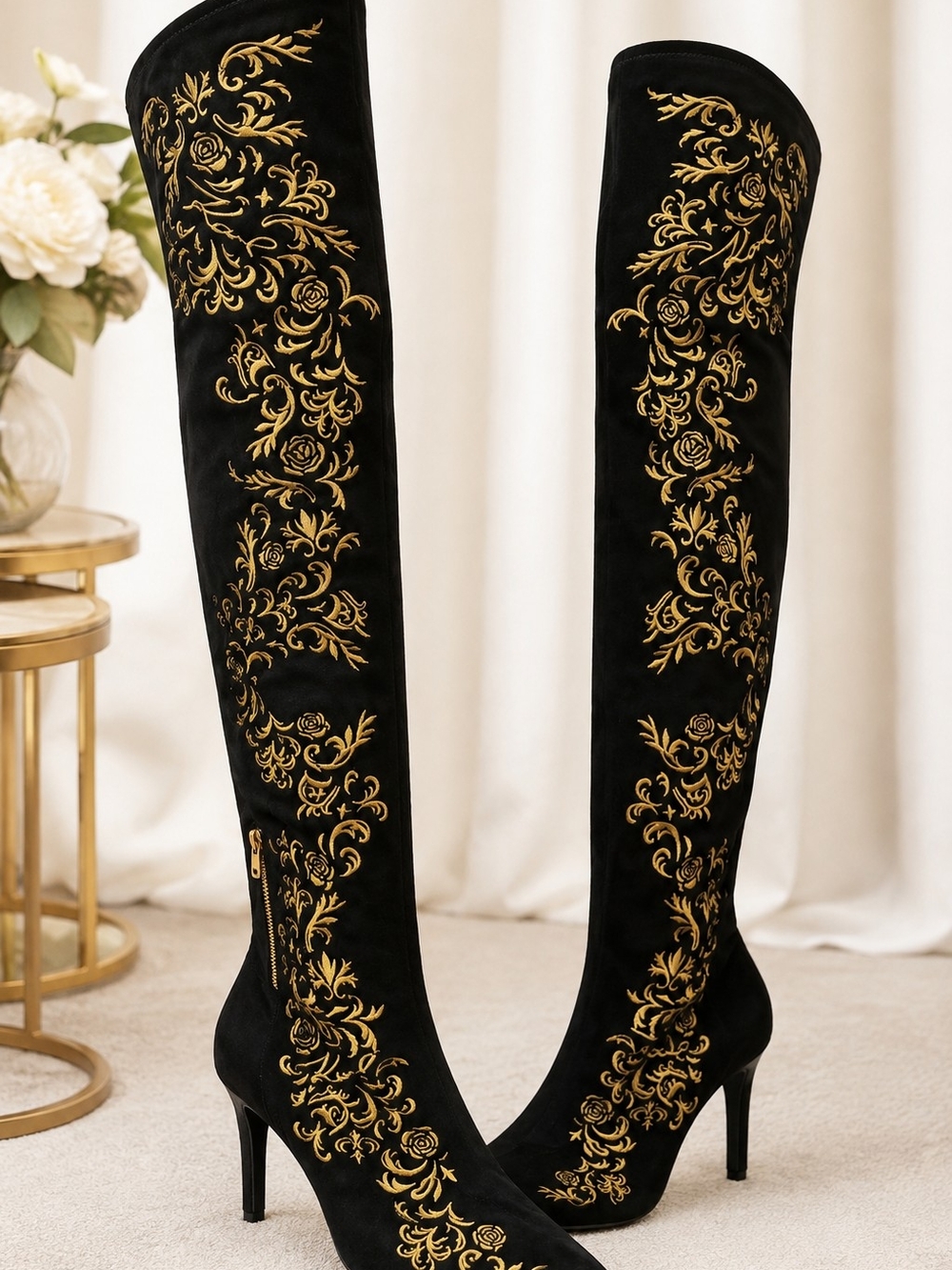 Karl Lagerfeld Black Over-the-Knee Boots with Gold Embroidery